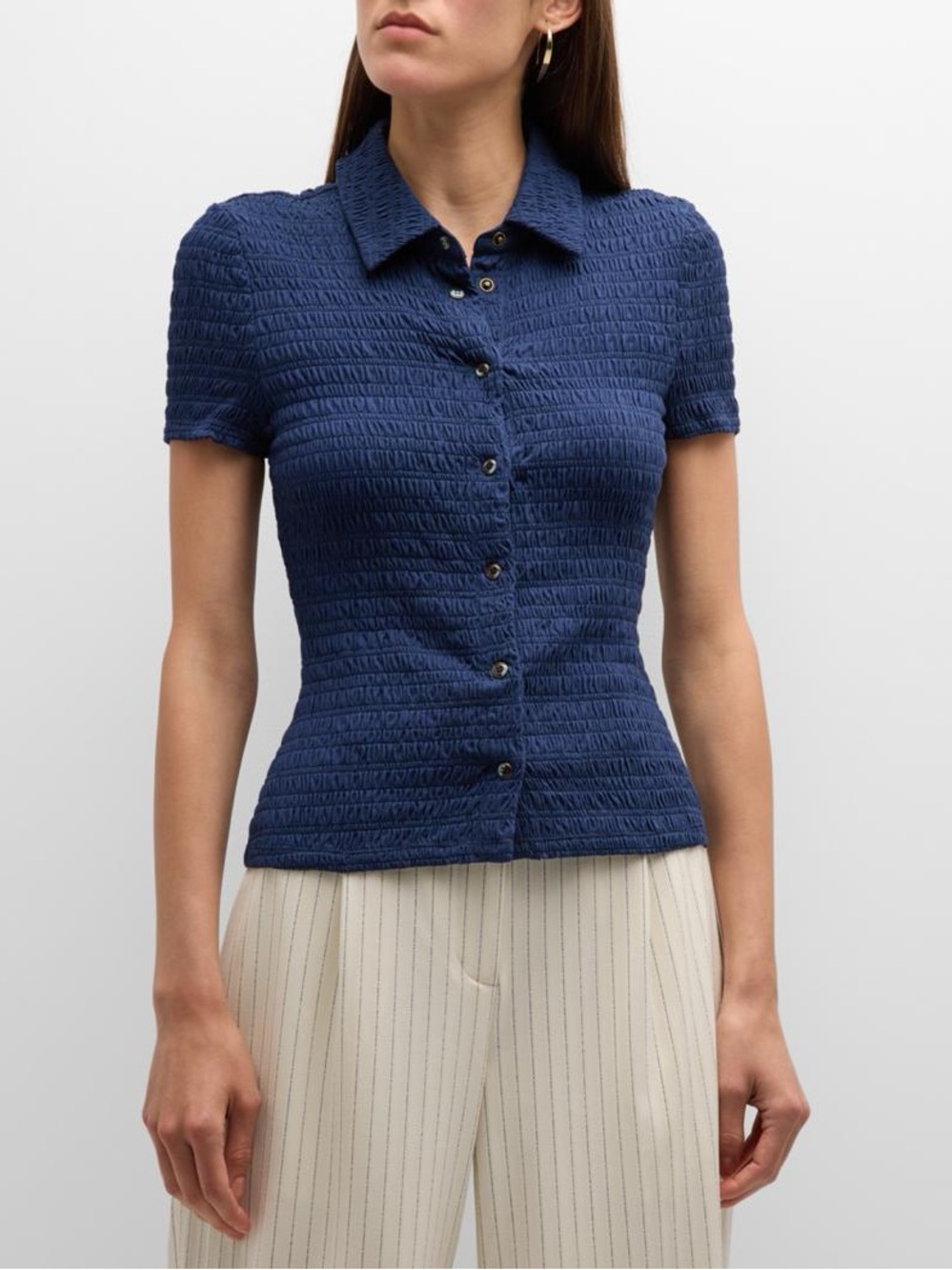 Veronica Beard Dark Navy Textured Polo Button-Down
